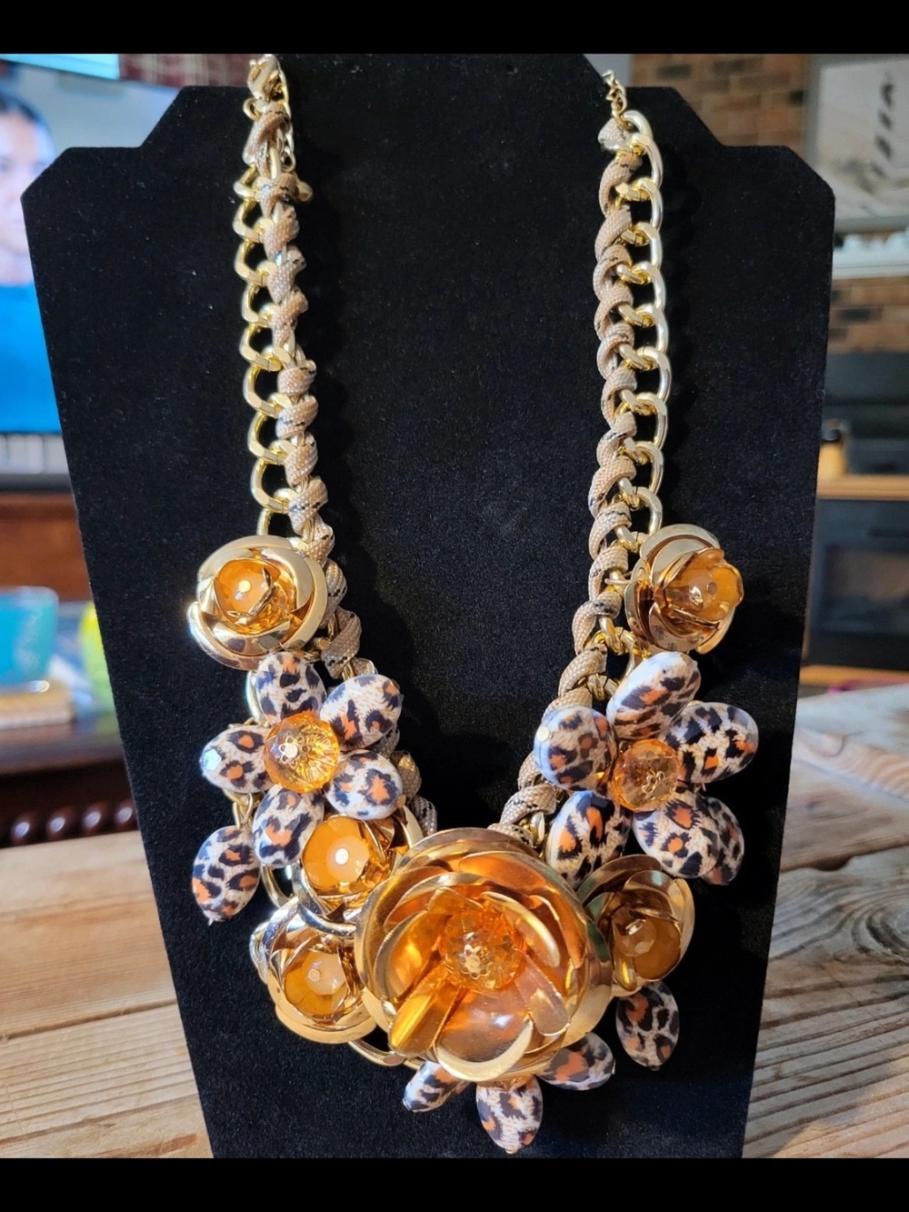 Betsey Johnson Gold-Tone Floral Necklace with Leopard Fabric and Amber Accents